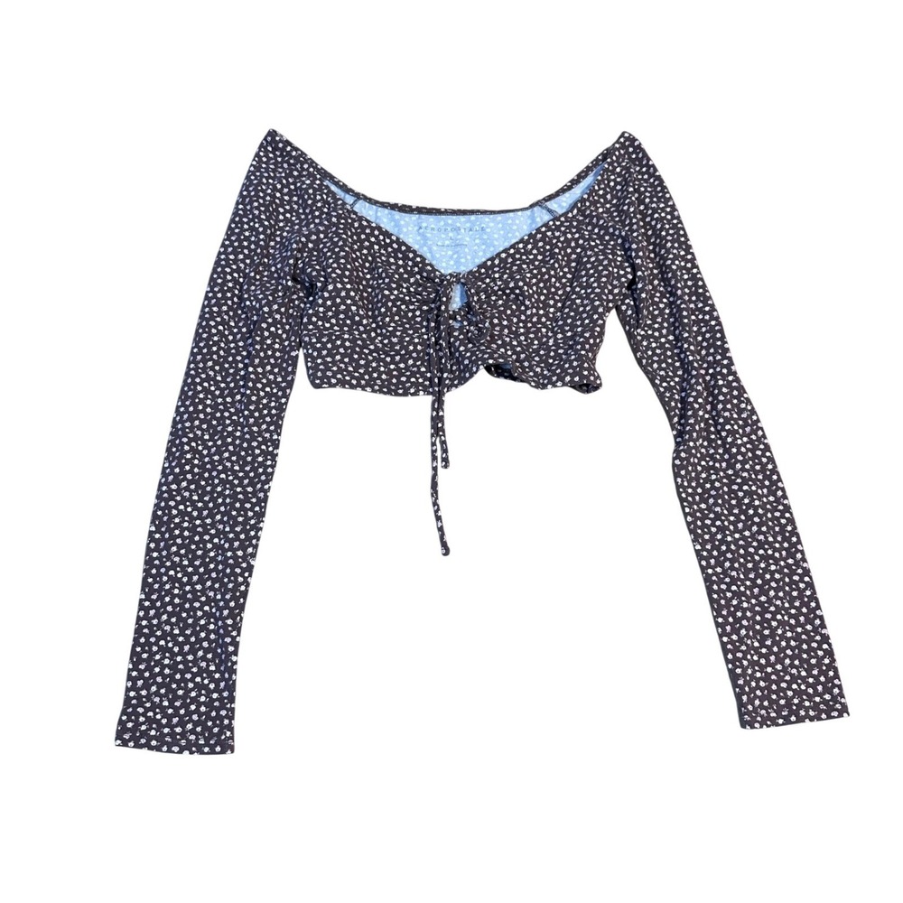 Aeropostale Brown Floral Cinch Front Long Sleeve Crop Top Sweetheart L